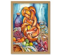 Artery8 Jewish Challah Bread & Fruit Folk Art Watercolour Painting Artwork Framed Wall Art Print A4 in Light Oak Artery8 Light Oak