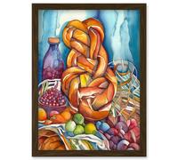 Artery8 Jewish Challah Bread & Fruit Folk Art Watercolour Painting Artwork Framed Wall Art Print A4 in Brown Artery8 Brown