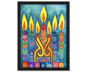 Artery8 Jewish Menorah Candle Patterns Folk Art Watercolour Painting Artwork Framed A3 Wall Art Print