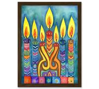 Artery8 Jewish Menorah Candle Patterns Folk Art Watercolour Painting Artwork Framed Wall Art Print A4 in Brown Artery8 Brown