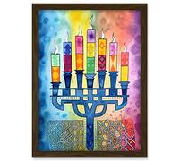 Artery8 Jewish Menorah Candles Multicolour Folk Art Watercolour Painting Artwork Framed A3 Wall Art Print