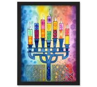 Artery8 Jewish Menorah Candles Multicolour Folk Art Watercolour Painting Artwork Framed Wall Art Print A4 in Black Artery8 Black