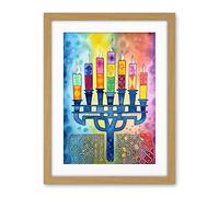 Artery8 Jewish Menorah Candles Multicolour Folk Art Watercolour Painting Artwork Framed Wall Art Print 18X24 Inch