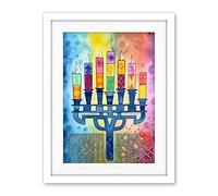 Artery8 Jewish Menorah Candles Multicolour Folk Art Watercolour Painting Artwork Framed Wall Art Print 18X24 Inch
