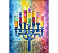 Artery8 Jewish Menorah Candles Multicolour Folk Art Watercolour Painting Large XL Wall Art Canvas Print