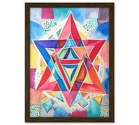 Artery8 Jewish Star Of David Bright Multicoloured Folk Art Watercolour Painting Artwork Framed A3 Wall Art Print