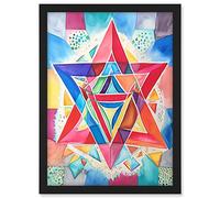 Artery8 Jewish Star Of David Bright Multicoloured Folk Art Watercolour Painting Artwork Framed A3 Wall Art Print