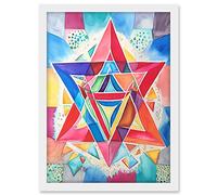 Artery8 Jewish Star Of David Bright Multicoloured Folk Art Watercolour Painting Artwork Framed A3 Wall Art Print