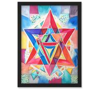 Artery8 Jewish Star Of David Bright Multicoloured Folk Art Watercolour Painting Artwork Framed Wall Art Print A4 in Black Artery8 Black