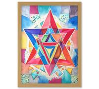 Artery8 Jewish Star Of David Bright Multicoloured Folk Art Watercolour Painting Artwork Framed Wall Art Print A4