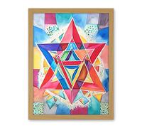 Artery8 Jewish Star Of David Bright Multicoloured Folk Art Watercolour Painting Artwork Framed Wall Art Print 18X24 Inch