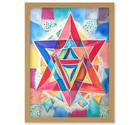 Artery8 Jewish Star Of David Bright Multicoloured Folk Art Watercolour Painting Artwork Framed Wall Art Print A4 in Light Oak Artery8 Light Oak