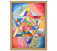 Artery8 Jewish Star Of David Patterns Geometric Folk Art Watercolour Painting Artwork Framed Wall Art Print A4 in Light Oak Artery8 Light Oak
