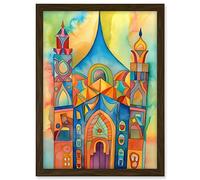 Artery8 Jewish Synagogue Building Multicoloured Folk Art Watercolour Painting Artwork Framed A3 Wall Art Print