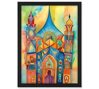 Artery8 Jewish Synagogue Building Multicoloured Folk Art Watercolour Painting Artwork Framed A3 Wall Art Print