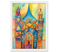 Artery8 Jewish Synagogue Building Multicoloured Folk Art Watercolour Painting Artwork Framed A3 Wall Art Print