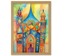 Artery8 Jewish Synagogue Building Multicoloured Folk Art Watercolour Painting Artwork Framed Wall Art Print A4 in Light Oak Artery8 Light Oak