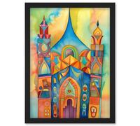 Artery8 Synagogue Building Multicoloured Folk Art Watercolour Painting Wall Art Print - A4 Size