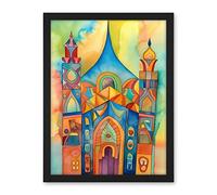 Artery8 Jewish Synagogue Building Multicoloured Folk Art Watercolour Painting Artwork Framed Wall Art Print 18X24 Inch
