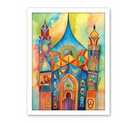 Artery8 Jewish Synagogue Building Multicoloured Folk Art Watercolour Painting Artwork Framed Wall Art Print 18X24 Inch