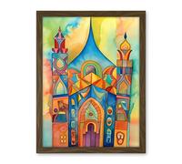 Artery8 Jewish Synagogue Building Multicoloured Folk Art Watercolour Painting Artwork Framed Wall Art Print 18X24 Inch