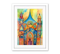 Artery8 Jewish Synagogue Building Multicoloured Folk Art Watercolour Painting Artwork Framed Wall Art Print 18X24 Inch