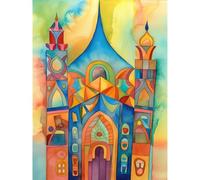 Artery8 Jewish Synagogue Building Multicoloured Folk Art Watercolour Painting Extra Large XL Wall Art Poster Print
