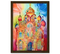 Artery8 Jewish Synagogue Decorated Building Vibrant Folk Art Watercolour Painting Artwork Framed A3 Wall Art Print