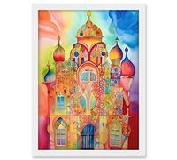 Artery8 Jewish Synagogue Decorated Building Vibrant Folk Art Watercolour Painting Artwork Framed A3 Wall Art Print