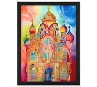 Artery8 Jewish Synagogue Decorated Building Vibrant Folk Art Watercolour Painting Artwork Framed A3 Wall Art Print