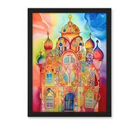 Artery8 Jewish Synagogue Decorated Building Vibrant Folk Art Watercolour Painting Artwork Framed Wall Art Print 18X24 Inch