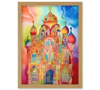 Artery8 Jewish Synagogue Decorated Building Vibrant Folk Art Watercolour Painting Artwork Framed Wall Art Print A4 in Light Oak Artery8 Light Oak