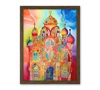 Artery8 Jewish Synagogue Decorated Building Vibrant Folk Art Watercolour Painting Artwork Framed Wall Art Print 18X24 Inch