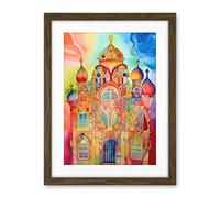 Artery8 Jewish Synagogue Decorated Building Vibrant Folk Art Watercolour Painting Artwork Framed Wall Art Print 18X24 Inch