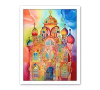 Artery8 Jewish Synagogue Decorated Building Vibrant Folk Art Watercolour Painting Artwork Framed Wall Art Print 18X24 Inch