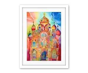 Artery8 Jewish Synagogue Decorated Building Vibrant Folk Art Watercolour Painting Artwork Framed Wall Art Print 18X24 Inch
