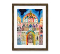 Artery8 Jewish Synagogue Decorated Facade Folk Art Watercolour Painting Artwork Framed Wall Art Print 18X24 Inch