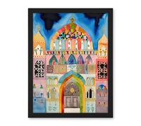 Artery8 Jewish Synagogue Decorated Facade Folk Art Watercolour Painting Artwork Framed Wall Art Print 18X24 Inch