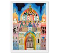 Artery8 Jewish Synagogue Decorated Facade Folk Art Watercolour Painting Artwork Framed Wall Art Print A4 in White Artery8 White