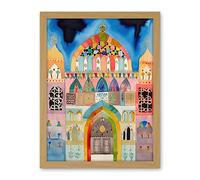 Artery8 Jewish Synagogue Decorated Facade Folk Art Watercolour Painting Artwork Framed Wall Art Print 18X24 Inch