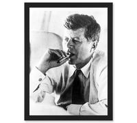 JFK John F Kennedy Smoking Cigar US President Picture A4 Artwork Framed Wall Art Print Artery8 Black One Size