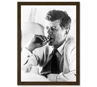 JFK John F Kennedy Smoking Cigar US President Picture A4 Artwork Framed Wall Art Print Artery8 Brown One Size