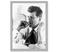 Artery8 JFK John F Kennedy Smoking Cigar US President Picture A4 Artwork Framed Wall Art Print in Light Grey Artery8 Light Grey