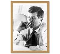 JFK John F Kennedy Smoking Cigar US President Picture A4 Artwork Framed Wall Art Print Artery8 Light Oak One Size