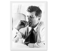 JFK John F Kennedy Smoking Cigar US President Picture A4 Artwork Framed Wall Art Print Artery8 White One Size