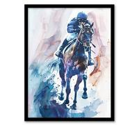 Artery8 Jockey on Racehorse Modern Watercolour Light Living Room Artwork Framed Wall Art Print A4