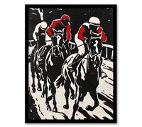 Artery8 Jockeys in Horse Racing Scene Black Red Modernist Framed Art Print | Size: A4 Artery8 Black A4