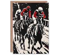 Artery8 Jockeys in Horse Racing Scene Black Red Modernist Greeting Birthday Card Him Her All Blank