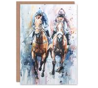 Artery8 Greeting Card Jockeys on Racehorses Modern Pastel Watercolour Blank For All Him Or Her Art Birthday Card
