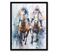 Artery8 Jockeys on Racehorses Modern Pastel Watercolour Living Room Artwork Framed Wall Art Print A4